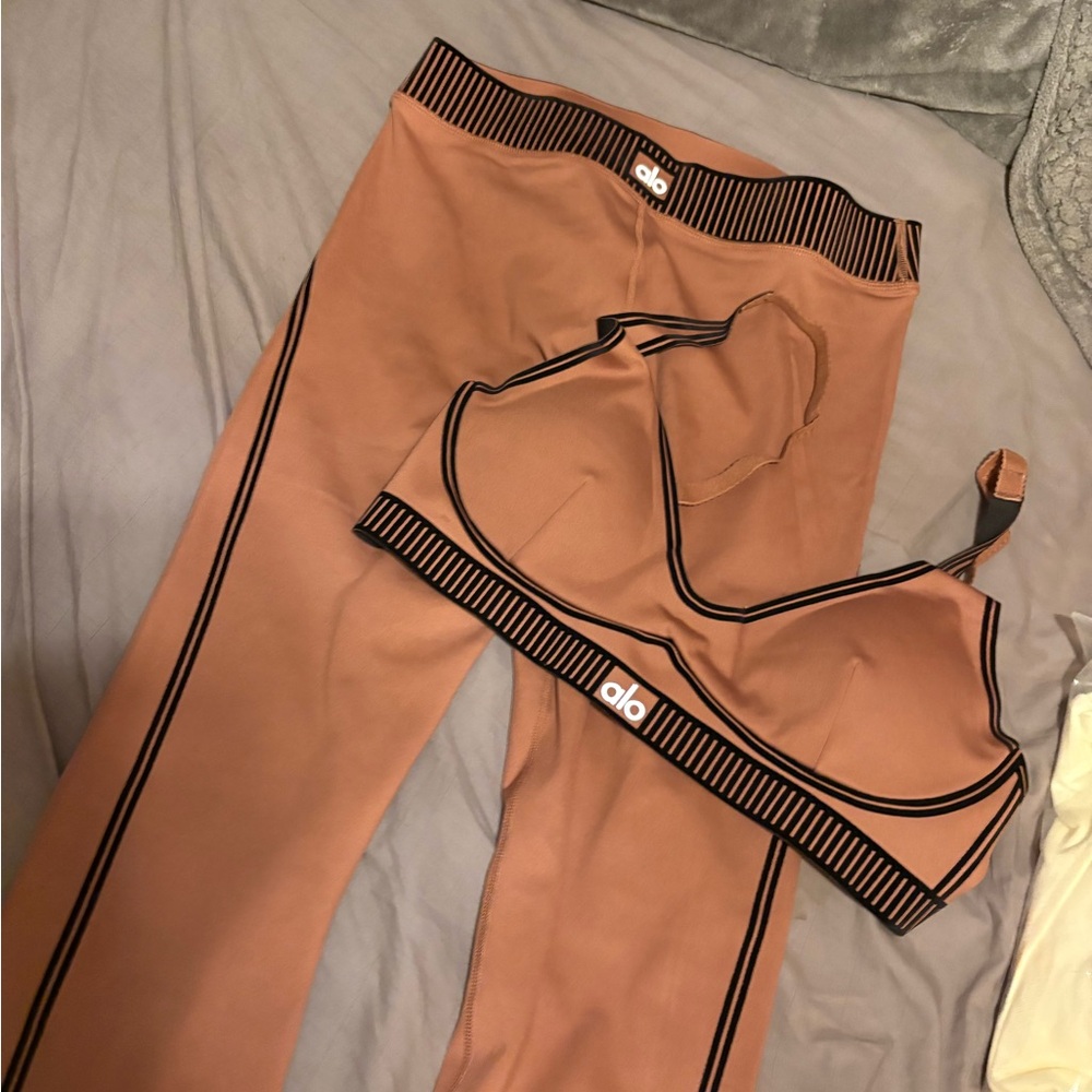 ALO Yoga Brown Bra and Leggings with Black Stripes